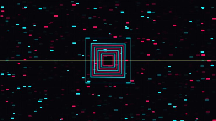 Sfondo astratto con effetto glitch e quadrati al neon rotanti