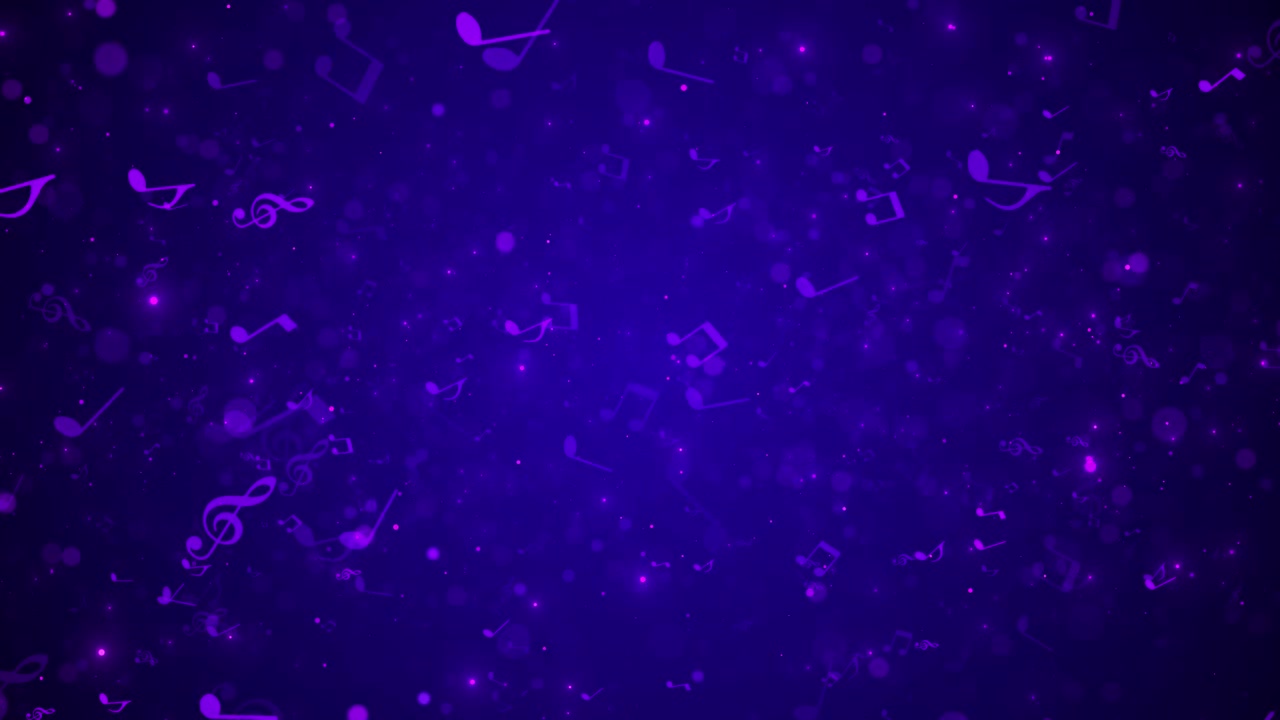 Sfondo di note musicali viola con bokeh morbido fluttuante, particelle luminose e uno spazio blu-violetto sognante per la musica.