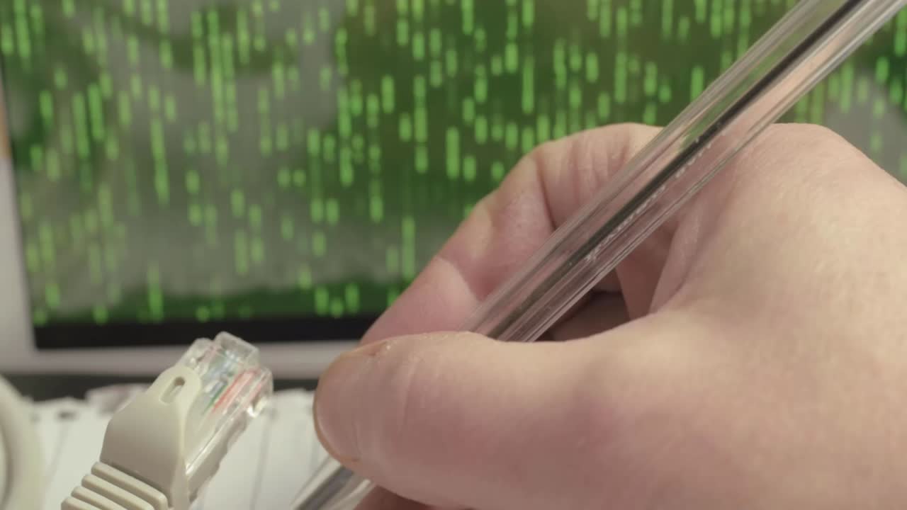Network engineer making notes with ethernet cables with green binary data output background close up
