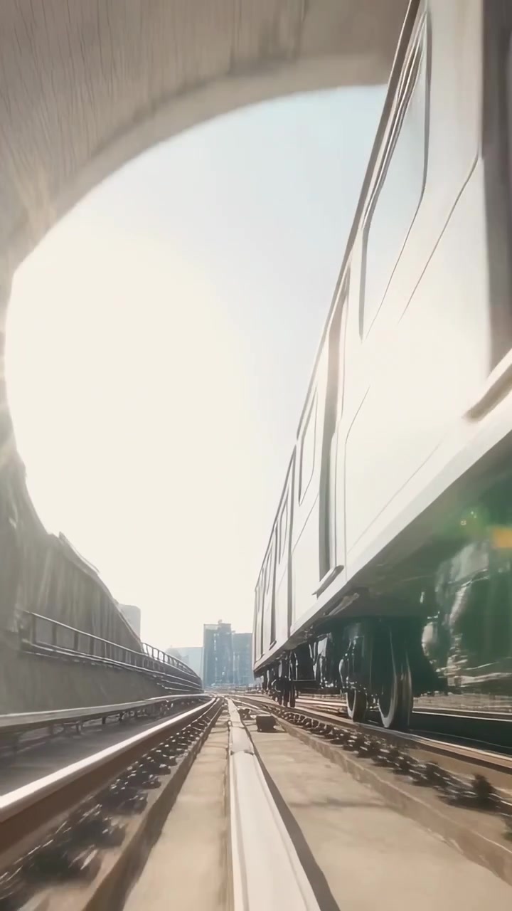 Vertical video: Emerging train along tracks out of tunnel into sunlight to city, wheels glinting