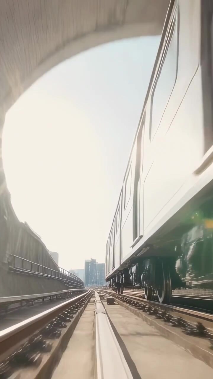Vertical video: Emerging train along tracks out of tunnel into sunlight to city, wheels glinting