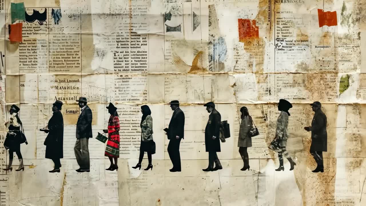 Silhouettes of people walking in profile against a vintage newspaper collage background