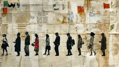 silhouettes of people walking in profile against a vintage newspaper collage background