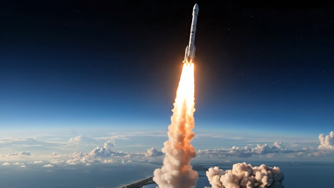 Dramatic Rocket Launch from Coastal Launchpad into Outer Space