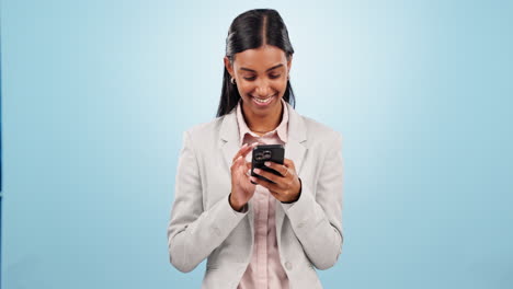 Phone,-happy-and-businesswoman-in-studio-typing