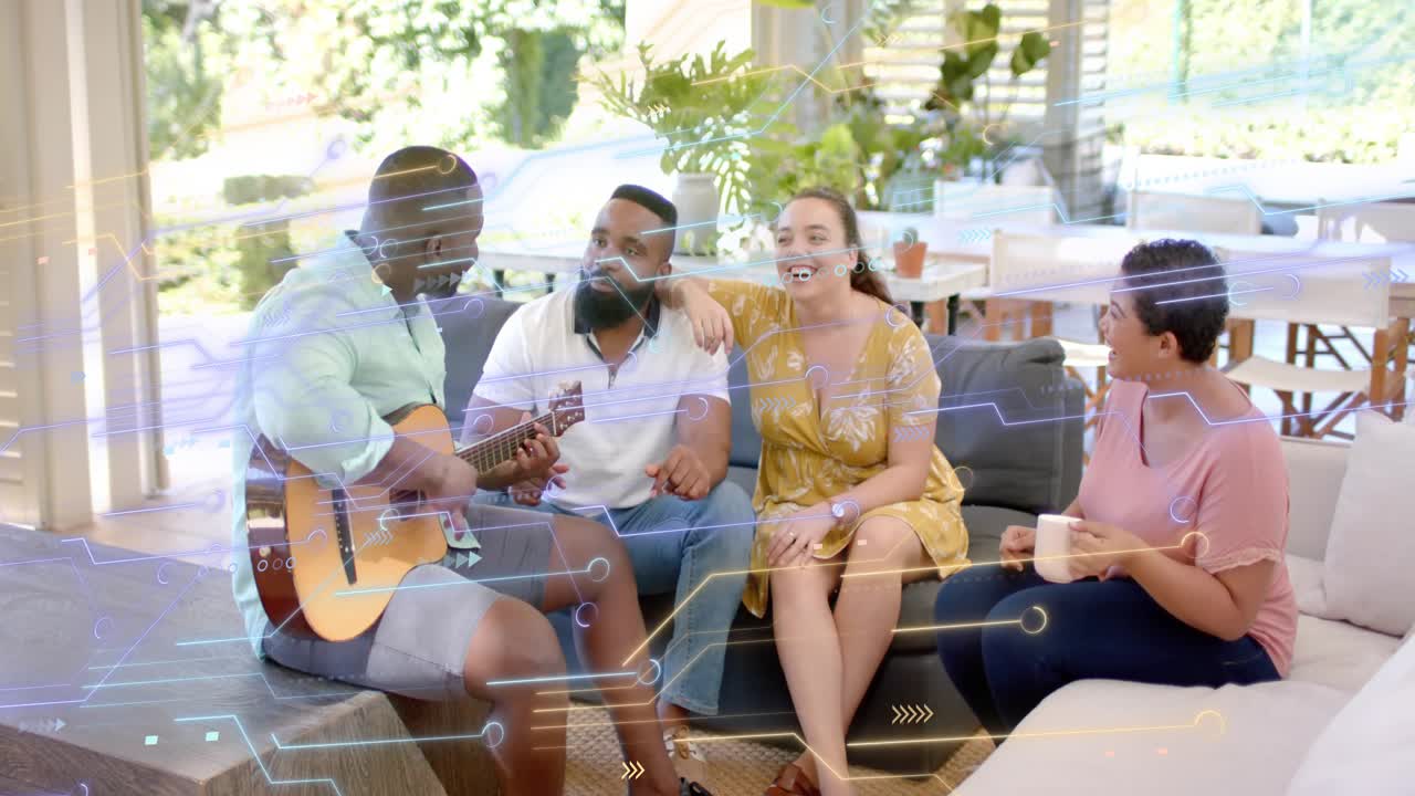 Guitarist starting strumming on sofa, group tapping and bonding for fun, tech overlay connecting