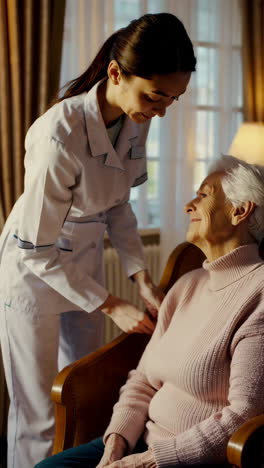 a caregiver assists a smiling senior woman in a home setting