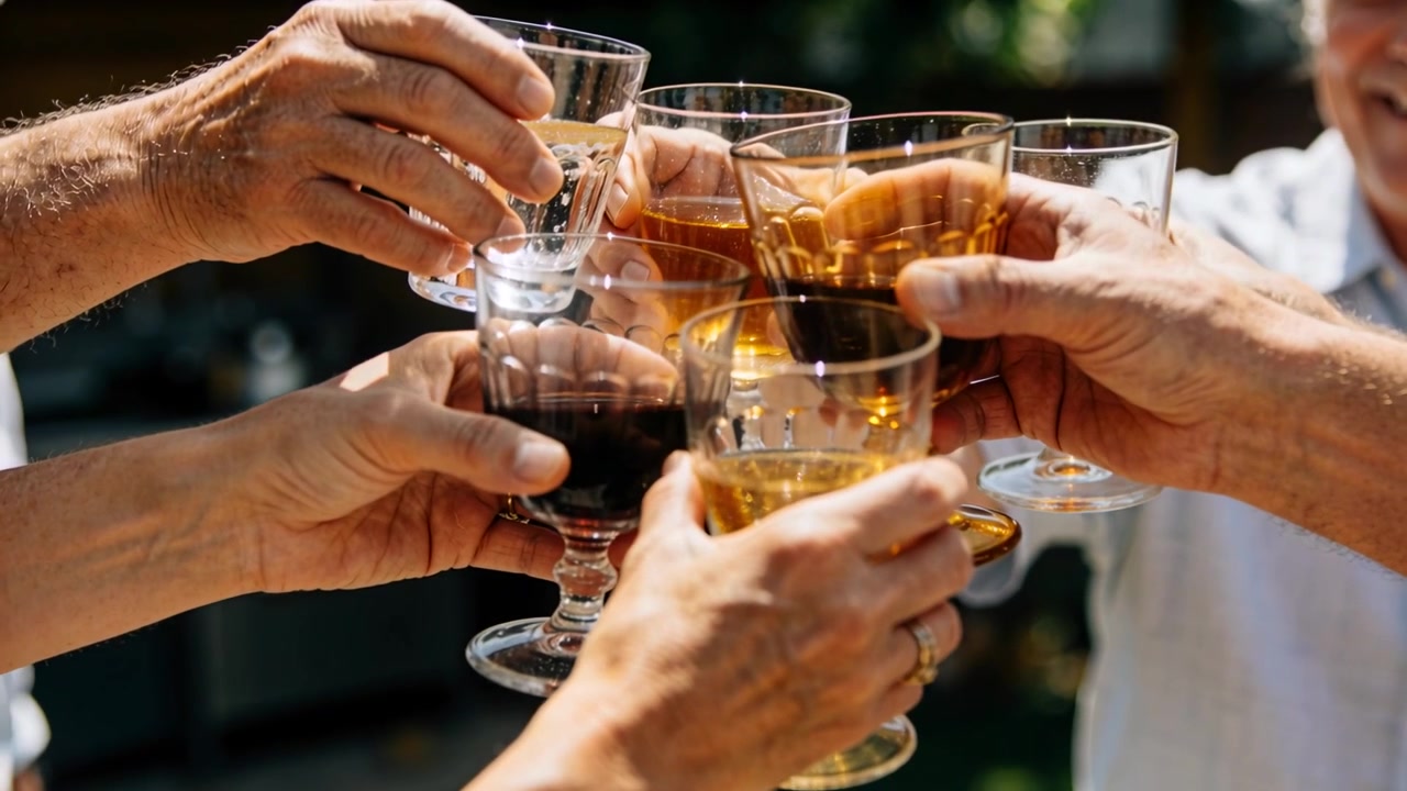 Bringing senior adults' hands clinking stemmed glasses in garden patio, showing rings wristwatch