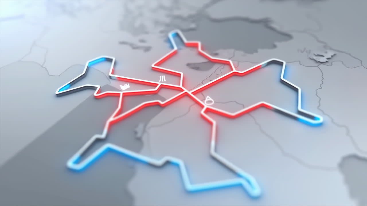 Neon Routenetwerk Over Kaart Van Europa Dynamische 3D Render Toont Gloeiende Roodblauwe Transietlijnen Die Belangrijke