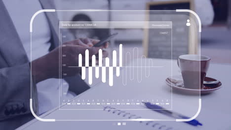 animación de datos en la pantalla sobre un hombre de negocios caucásico con teléfono inteligente