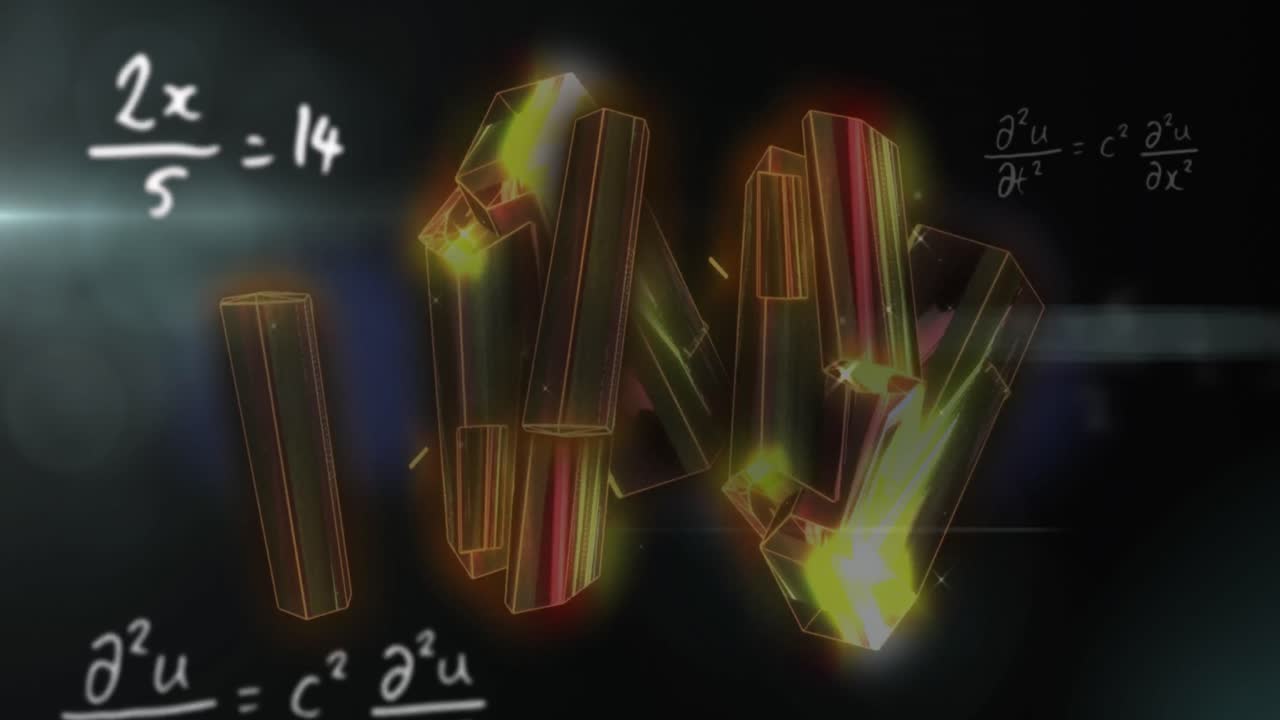 анимация абстрактного узора над вспышкой линзы и математических уравнений на черном фоне.