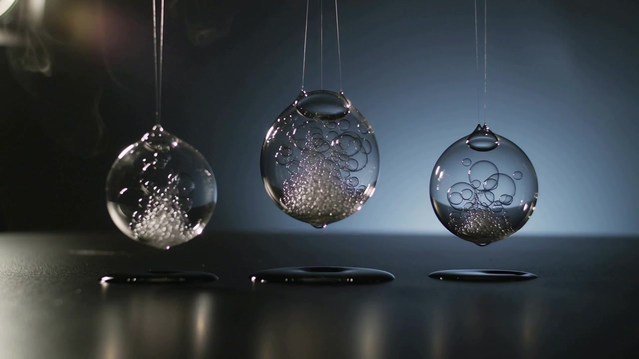 Emitting plume, left glass globe causing three glass globes settling on dark table, bubbles merging