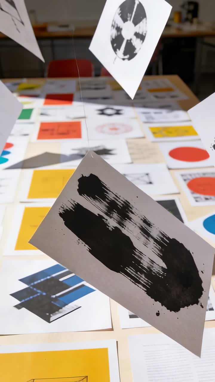 Stampa appesa con tratto nero che ondeggia su fili sopra un tavolo da studio, la telecamera si sposta mostrando le stampe.