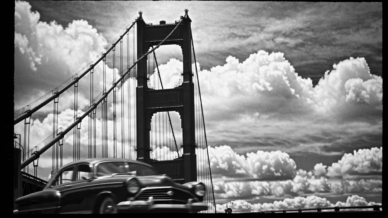 Black and white video frame of a bridge captured from a low angle, emphasizing its structure
