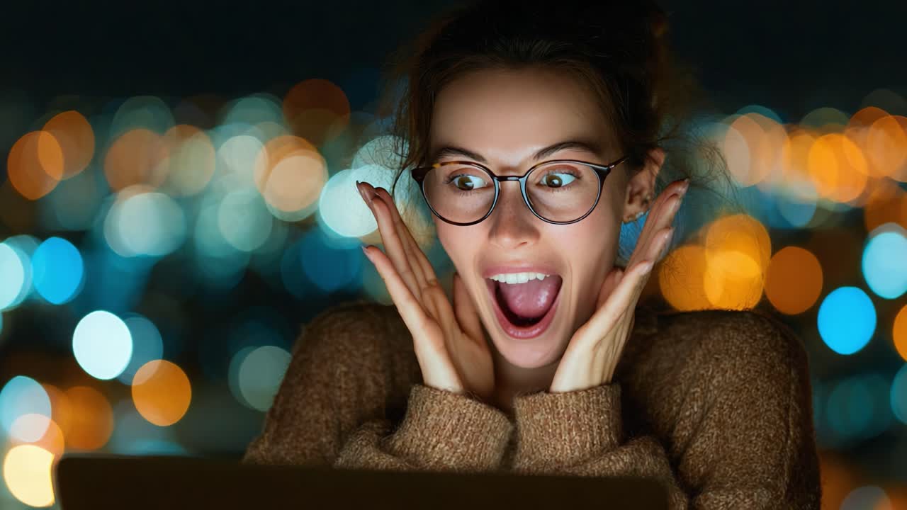 Astonished Woman in Sweater Expresses Joy and Excitement While Looking at Laptop During Nighttime with Colorful Bokeh Background Lighting
