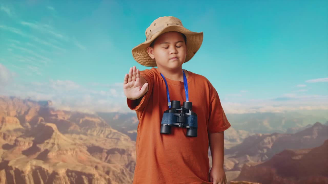 Asian Boy With A Hat And Binoculars Shaking Head Waving Hand Showing No Gesture Avoid Offer While Traveling At The Top Of Mountain. Boy Researcher, Travel Tourism Adventure Concept