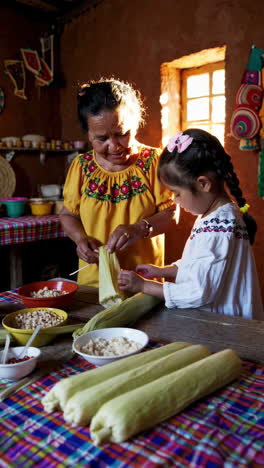 grandmother and grandchild preparing tamales