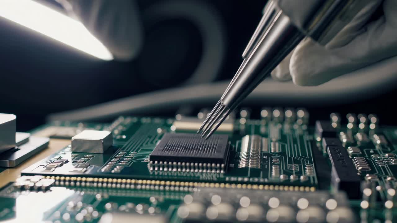 Close-up video shot of a gloved hand soldering a microchip on a circuit board, showcasing precision