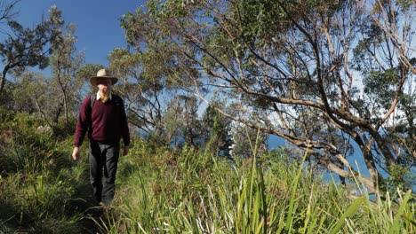 hombre mayor con sombrero en una caminata por el bosque se detiene para disfrutar de la vista del océano desde el camino de la cima del acantilado