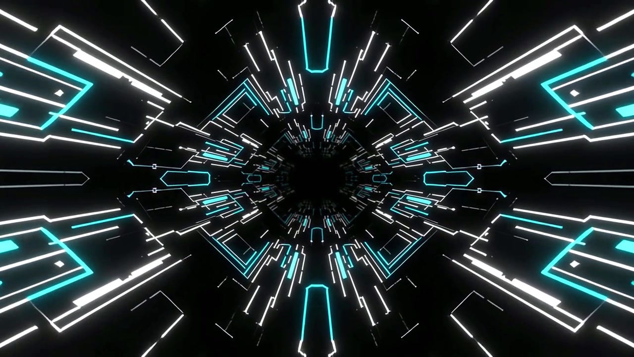 Loop continuo di un tunnel digitale futuristico con linee ciano luminose