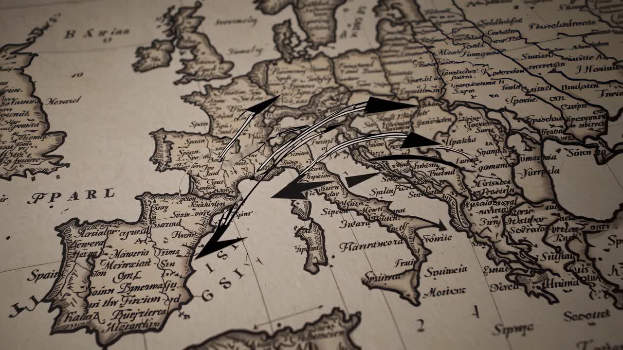 Nærbildevideo av et antikt kart som viser Europa, filmet fra lav vinkel, og som fremhever intrikate detaljer.