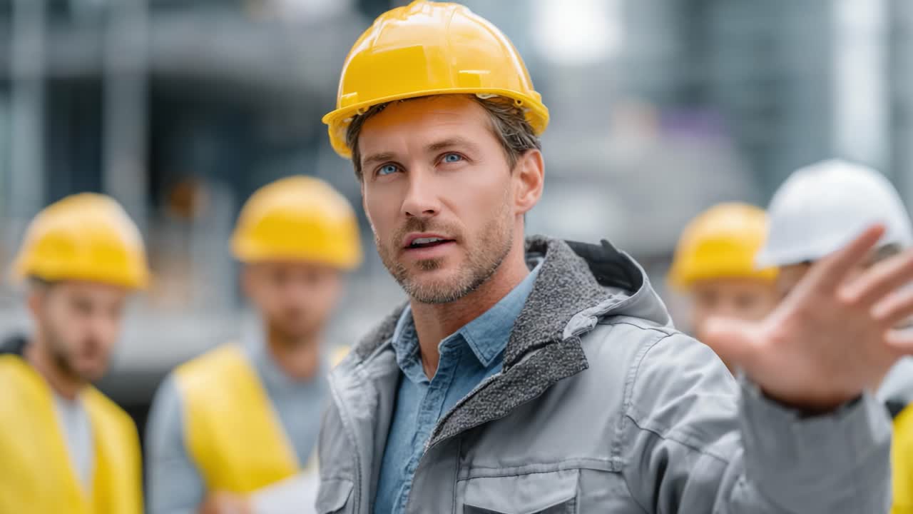 Construction Safety Briefing: A Team of Engineers Engaging in Critical Communication on a Worksite with Attention to Safety Practices and Team Coordination