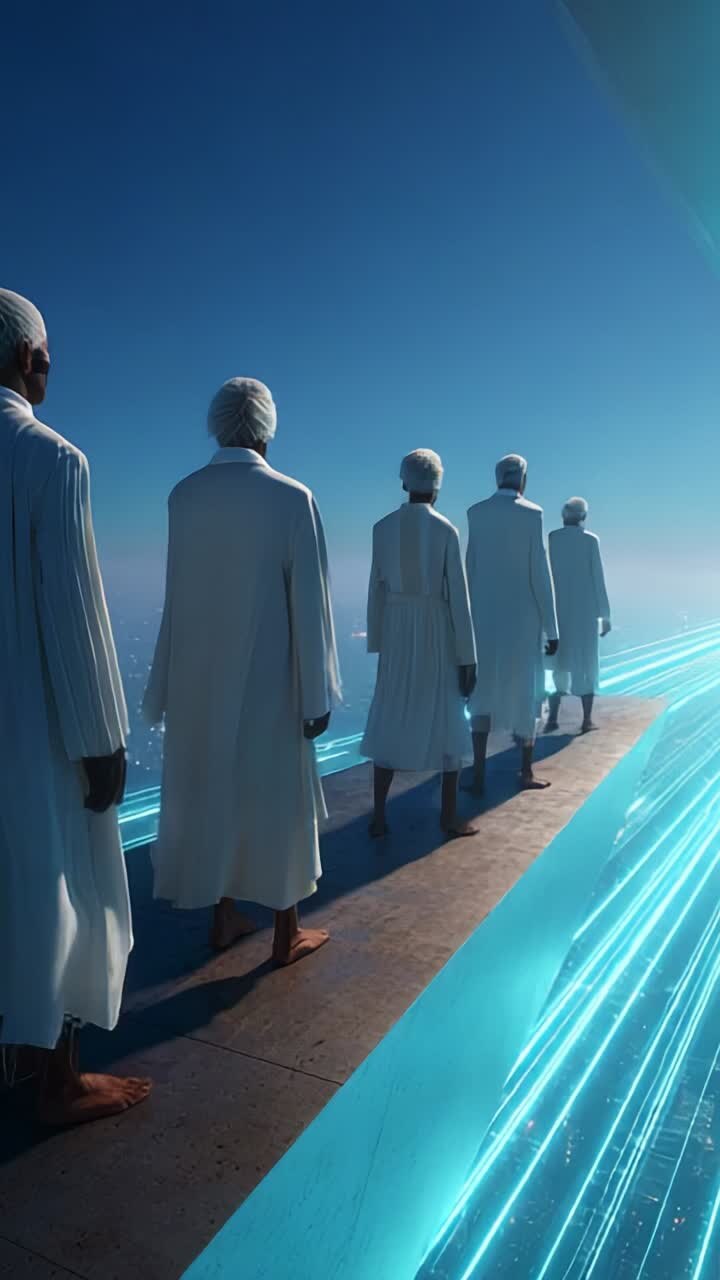 A Mystical Journey Through Light: Ethereal Figures Walk on a Path Illuminated by Vibrant Blue Beams Against a Serene Horizon at Dusk