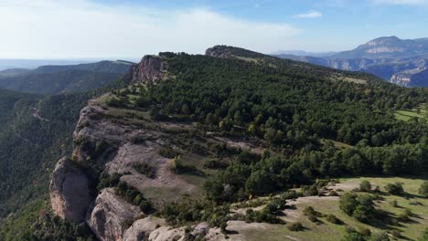 aerial shot of dramatic cliffs surrounded by dense forests and green valleys in busa, catalonia, under a bright blue sky.