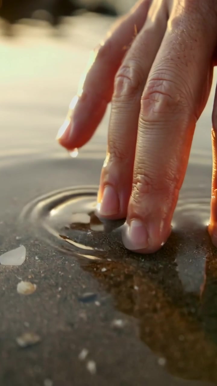 Video verticale: Mano adulta che esplora le increspature sulla battigia sabbiosa, percependo sabbia bagnata e conchiglie.