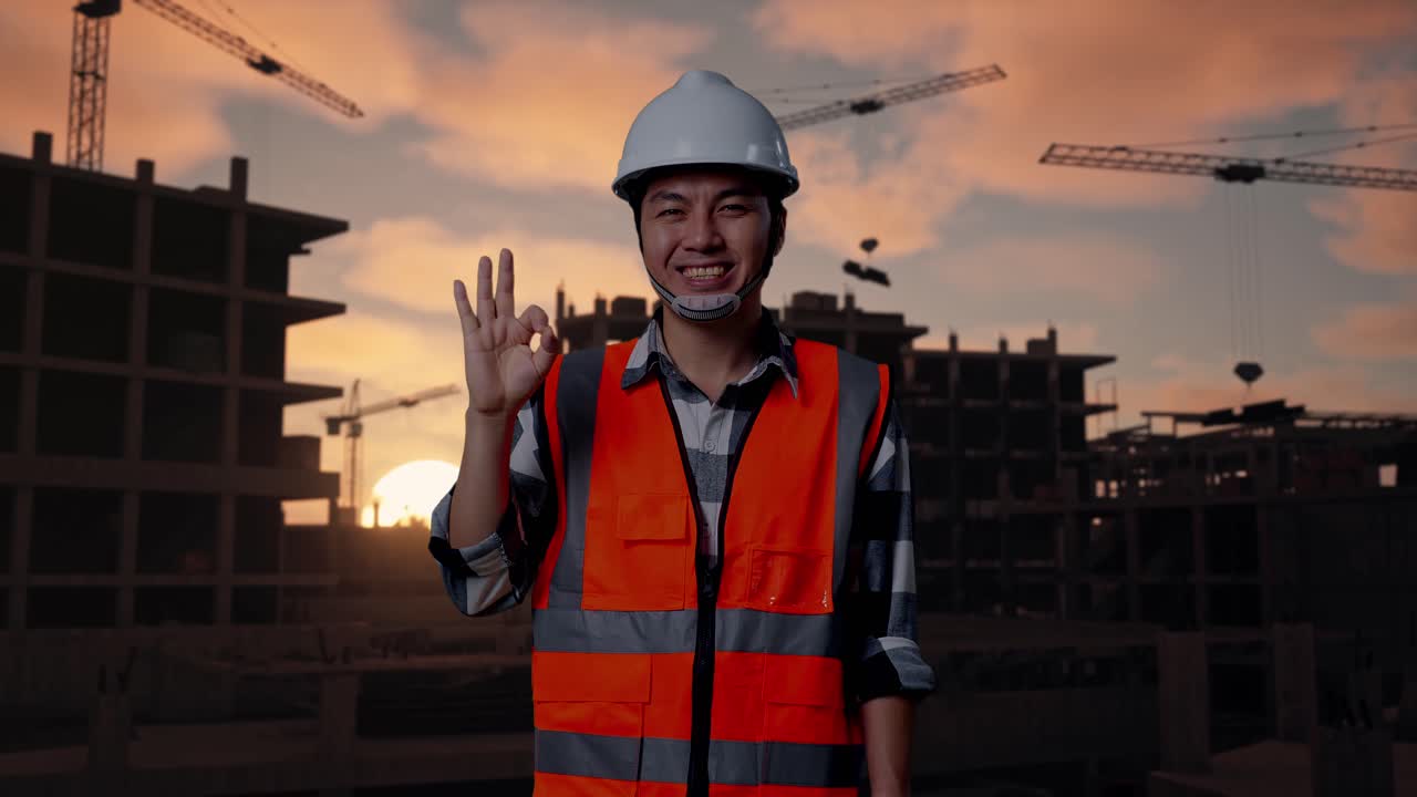 Asian Male Engineer With Safety Helmet Smiling And Showing Okay Gesture To The Camera While Standing At Building & Construction Site in Progress to New House