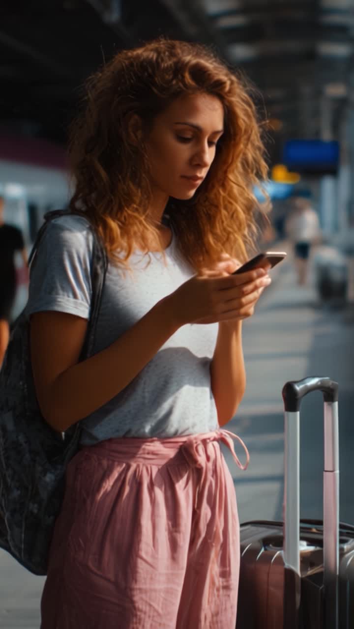 Young woman at an airport, checking her phone while standing beside her luggage, showcasing a moment of travel anticipation and modern connectivity