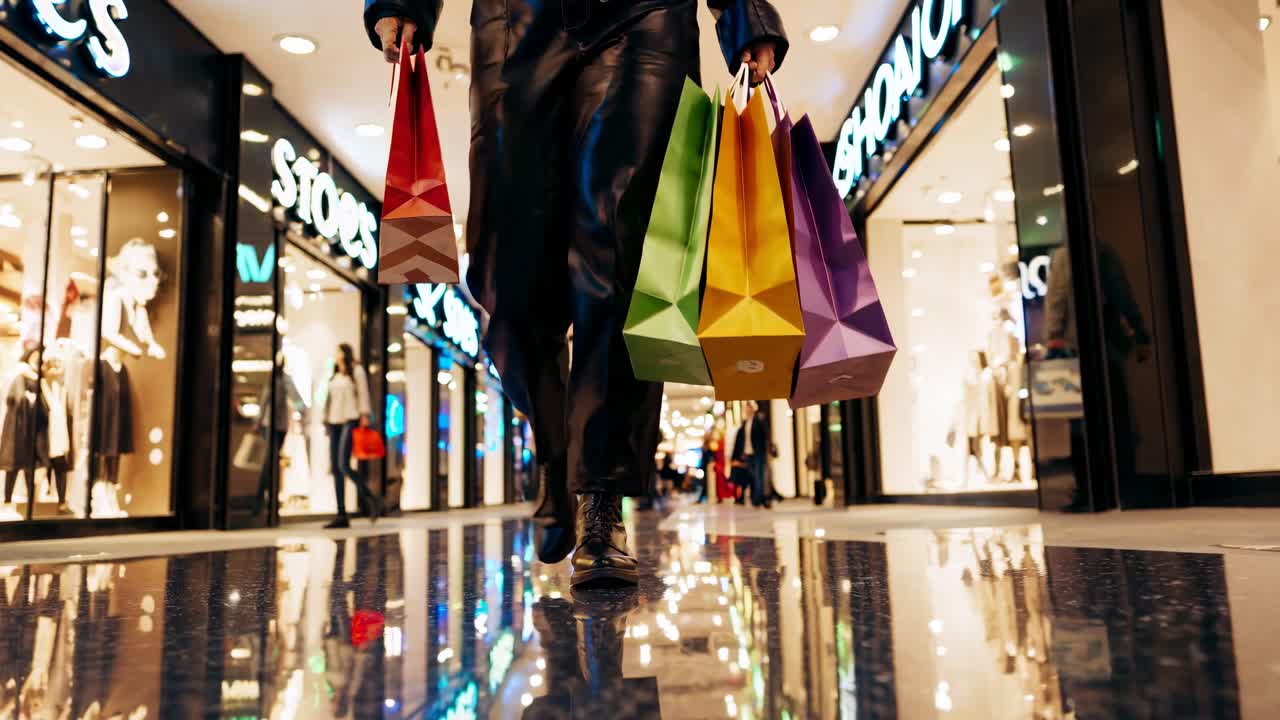 Low-angle video shot of a person walking in a mall with colorful shopping bags