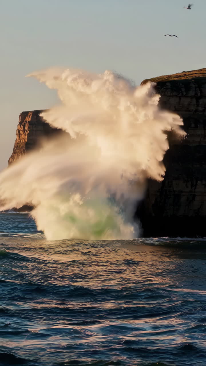 Coastal Waves Crashing Against Cliffs at Sunset