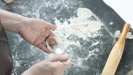 two hands making meat dumplings.