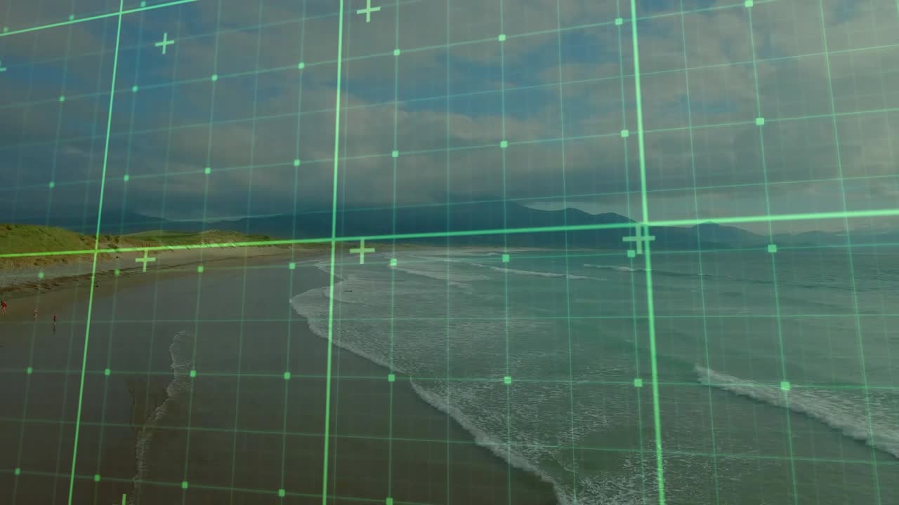 Camera moving while green grid overlay staying fixed over shoreline mountains showing mapping