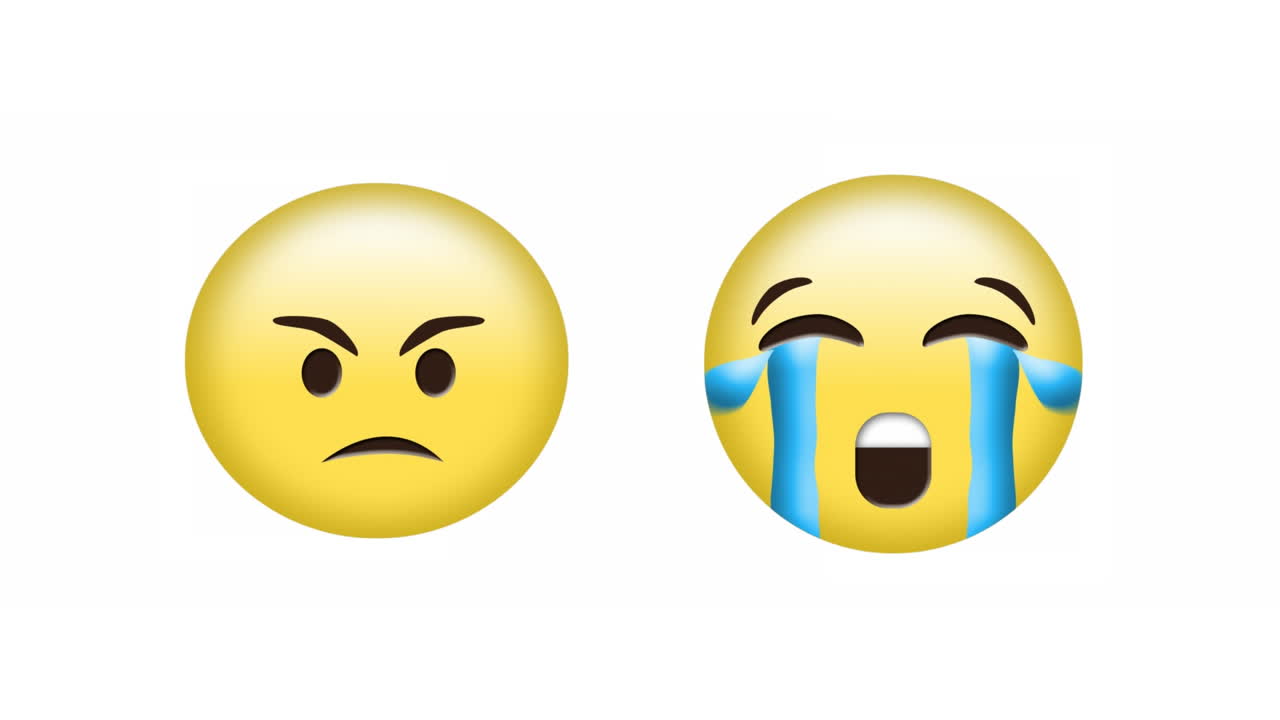 animación de iconos de emoji enojados y llorando sobre un fondo blanco
