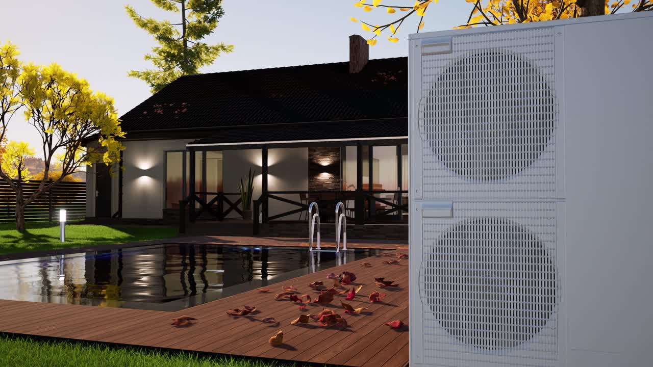 Technik HVAC instaluje systemy ogrzewania, wentylacji i klimatyzacji. Animacja 3D pompy ciepła.