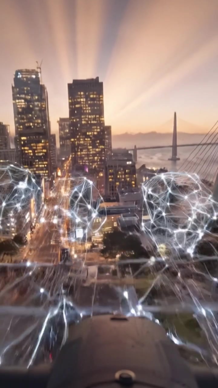 Stunning Cityscape Transformation with Radiant Light Networks at Dusk Over a Vibrant Urban Landscape Featuring Innovative Architectural Elements