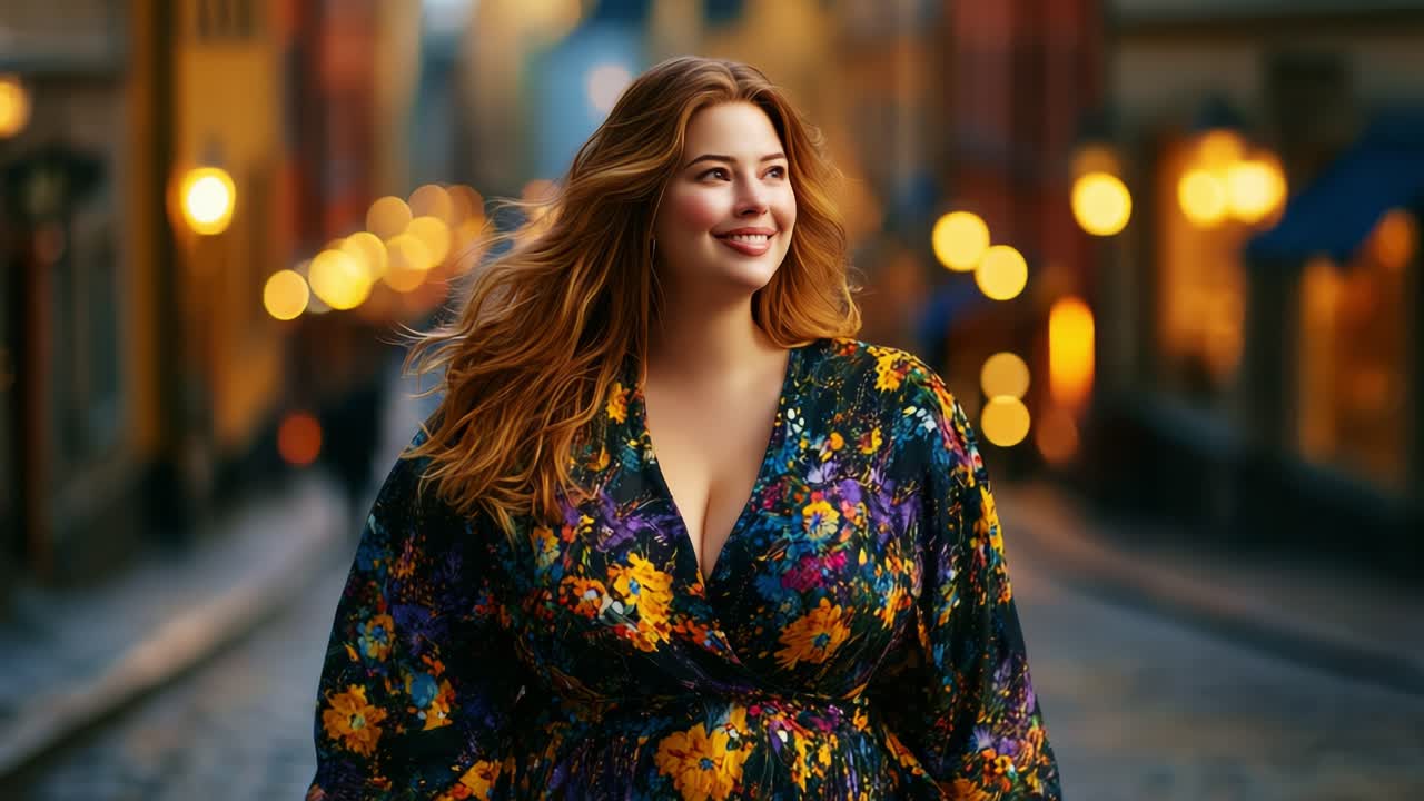 A Captivating Stroll Through Charming Streets: A Joyful Woman in a Vibrant Floral Dress Revels in the Beauty of a Luminous Evening with Soft Lights and a Serene Atmosphere
