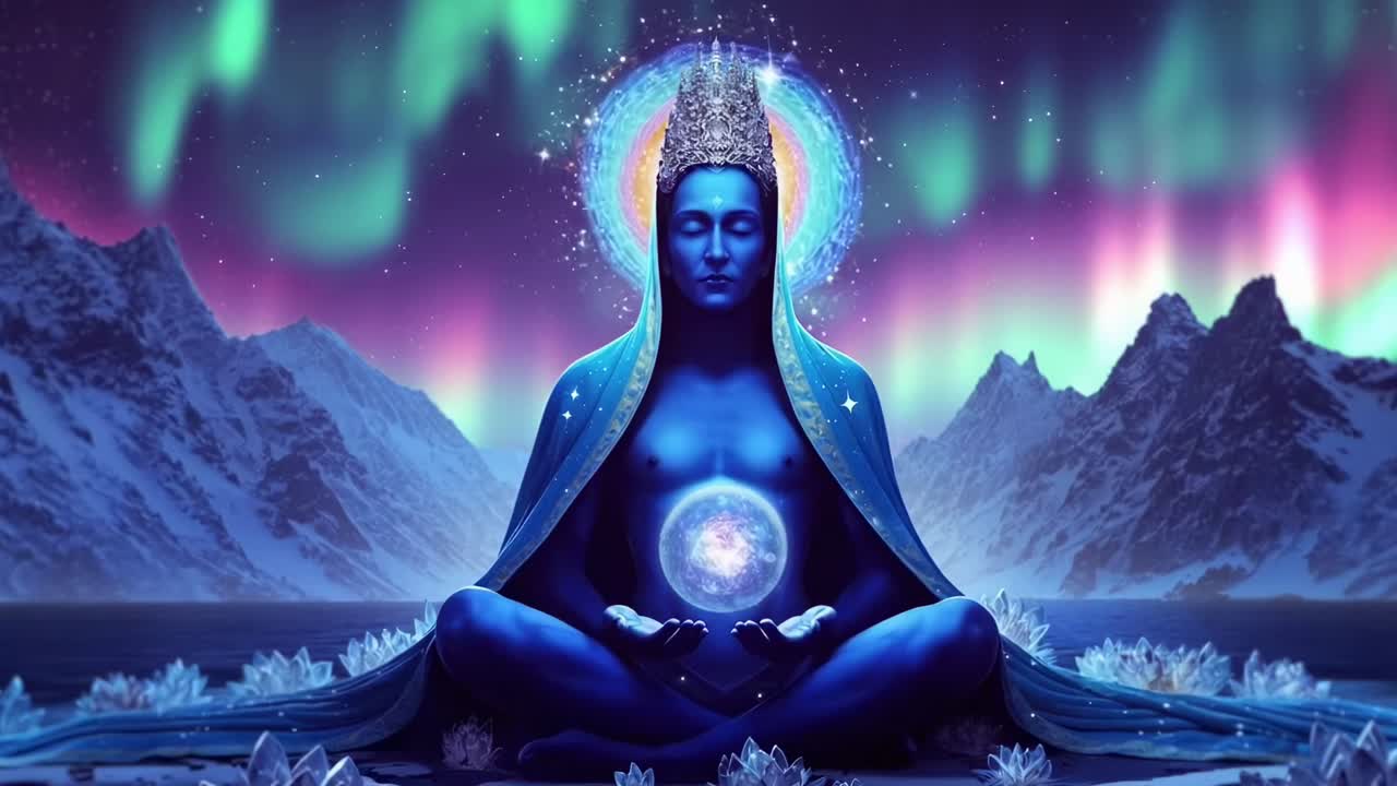 Video concettuale surreale di una figura blu che medita sotto le aurore, ripreso da un'angolazione frontale