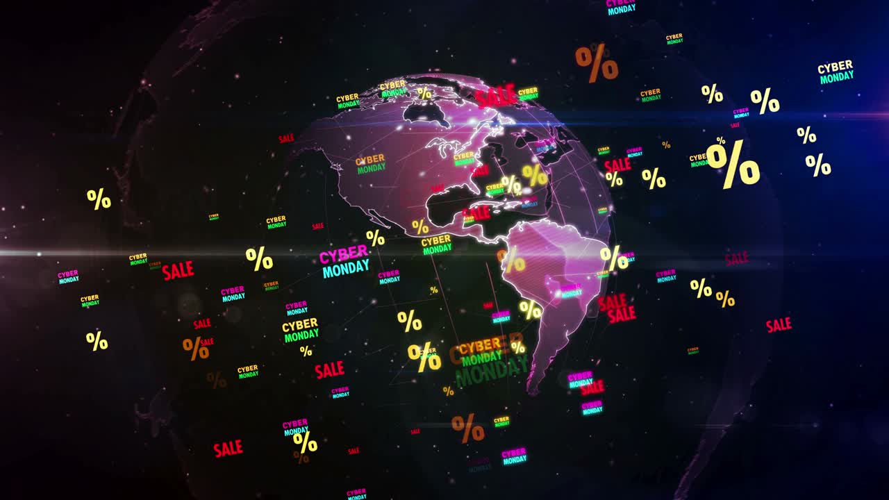 Cyber Monday sale around digital globe loop and seamless background