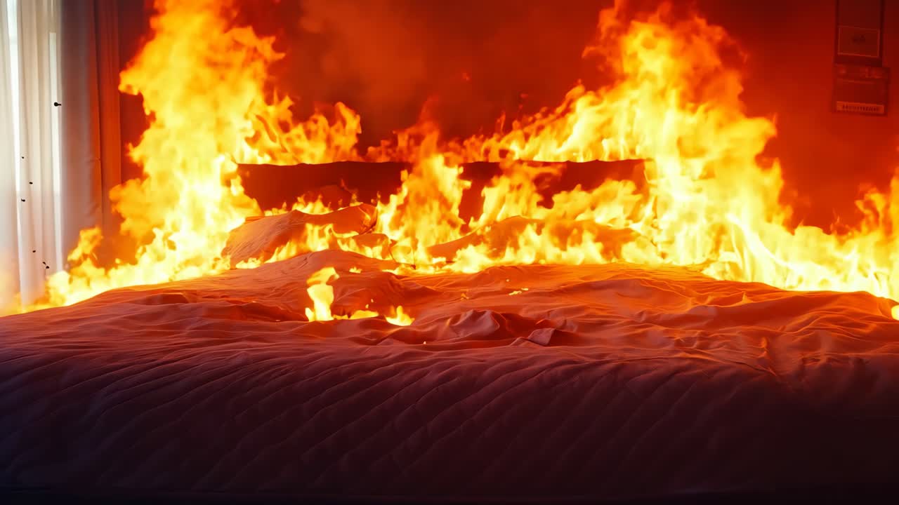 중간에 침대가 있는 침실에서 불타는 침대