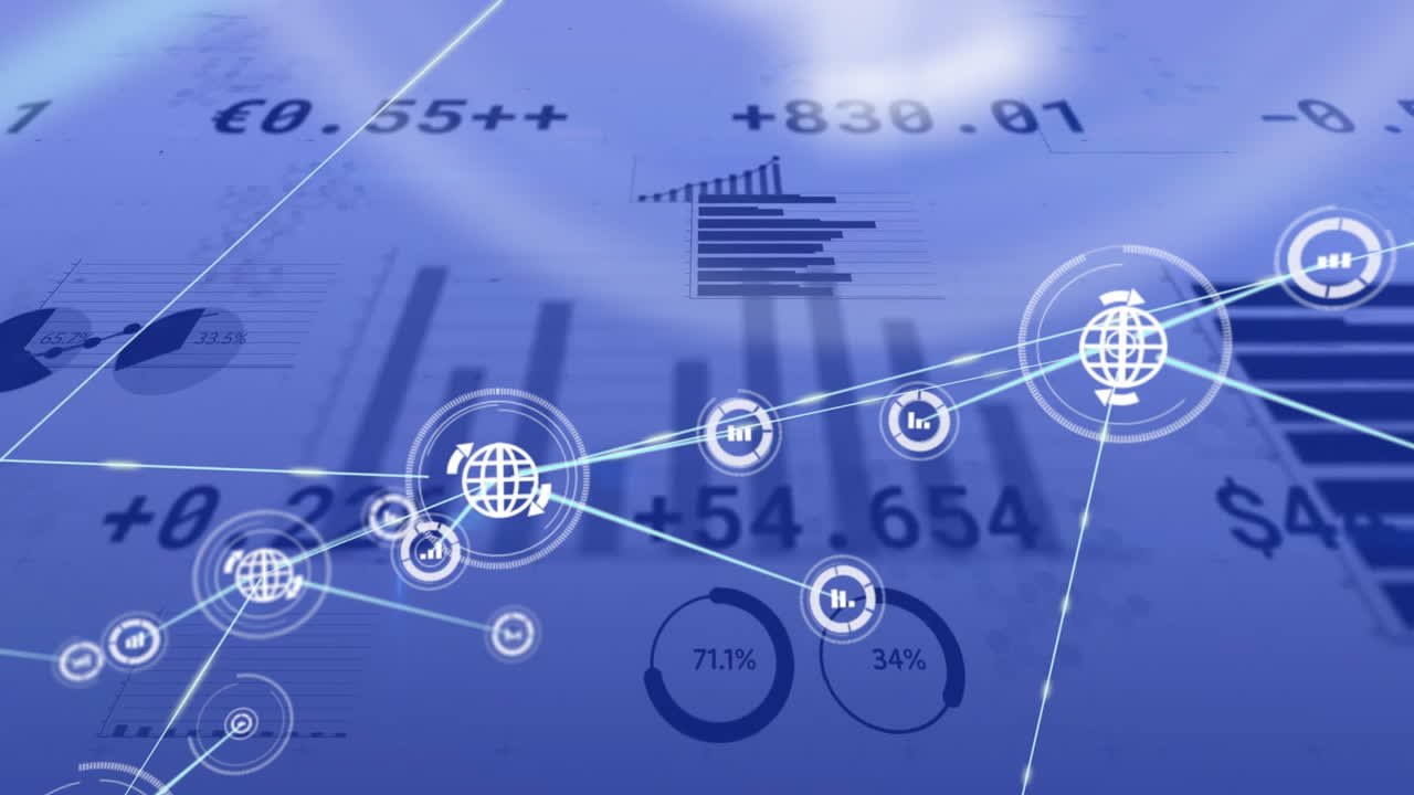 아이콘으로 연결된 네트워크를 통해 금융 데이터 처리의 애니메이션