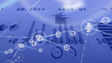 animación del procesamiento de datos financieros a través de una red de conexiones con iconos