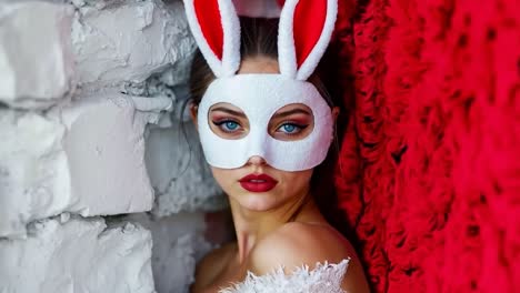 a woman wearing a white bunny mask with red ears