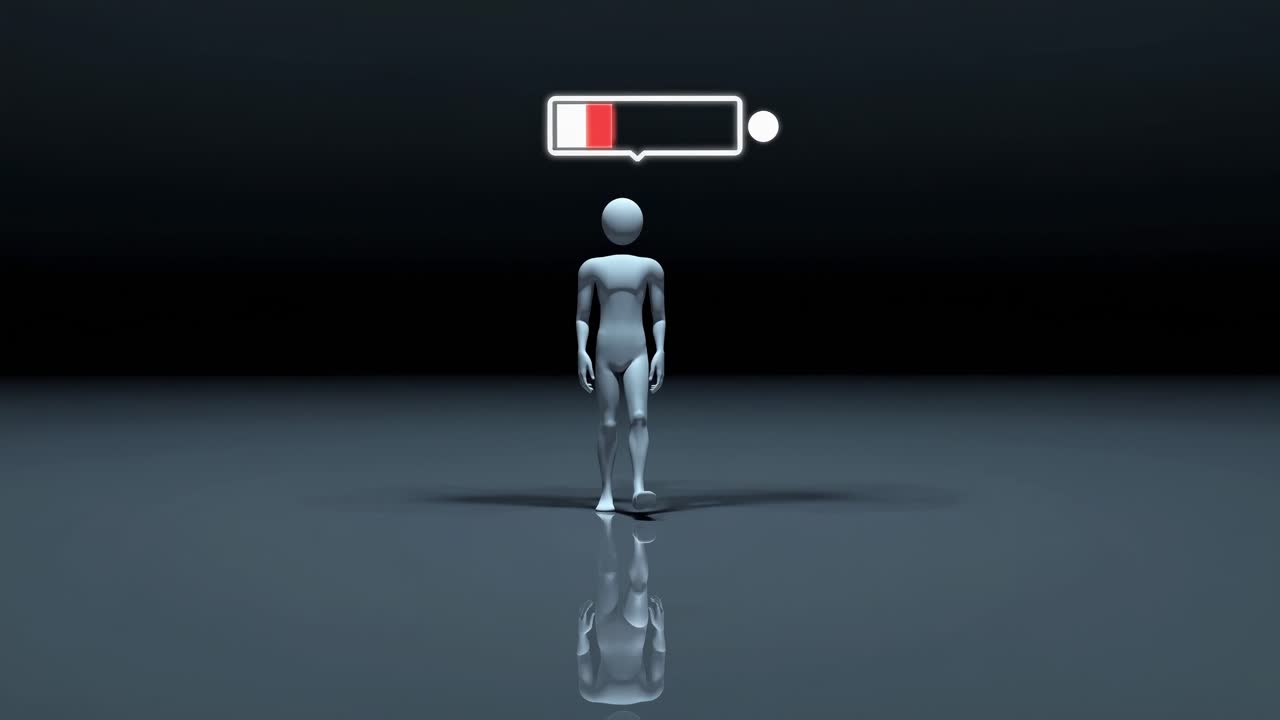 Humanoid figure standing motionless with battery indicator gradually depleting, symbolizing progressive energy loss and mounting exhaustion within minimalist digital environment