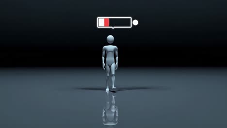 humanoid figure standing motionless with battery indicator gradually depleting, symbolizing progressive energy loss and mounting exhaustion within minimalist digital environment