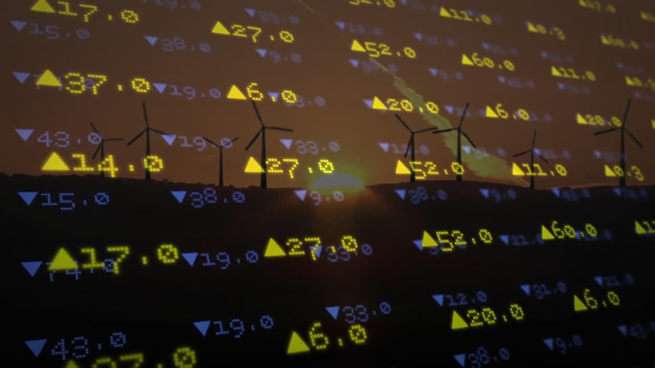 Displaying flat financial data overlay with yellow and blue triangles on wind turbine silhouettes