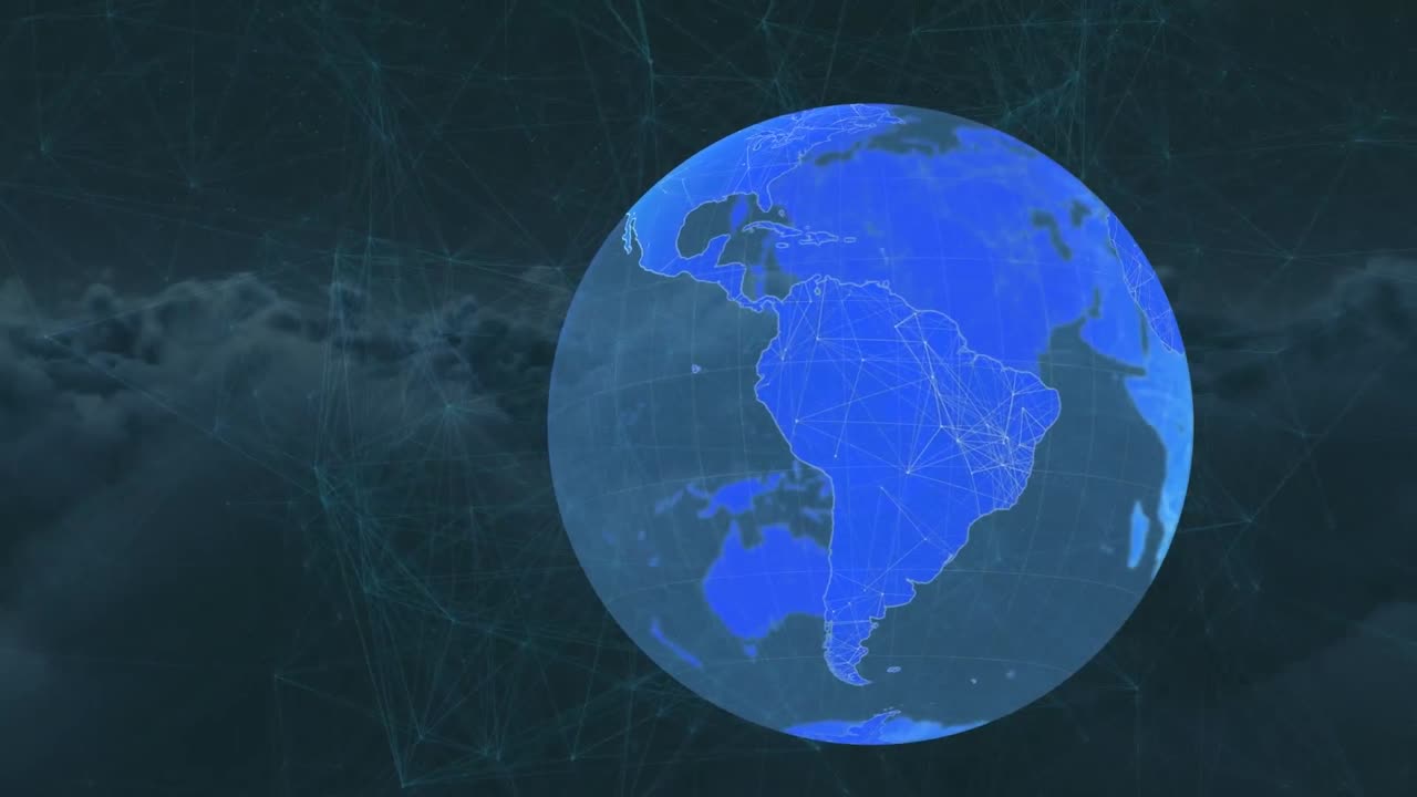 지구의 애니메이션과 하늘 위의 연결 네트워크