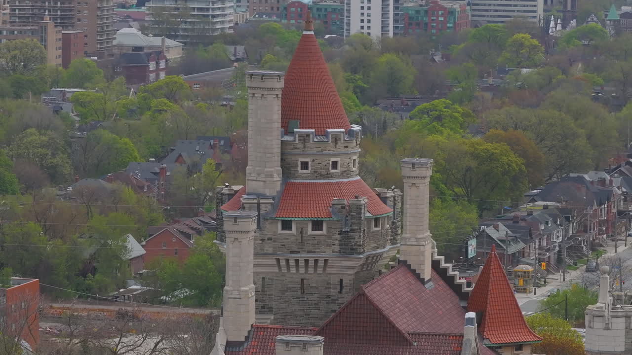 Aerial flight by the steeple of Casa Loma